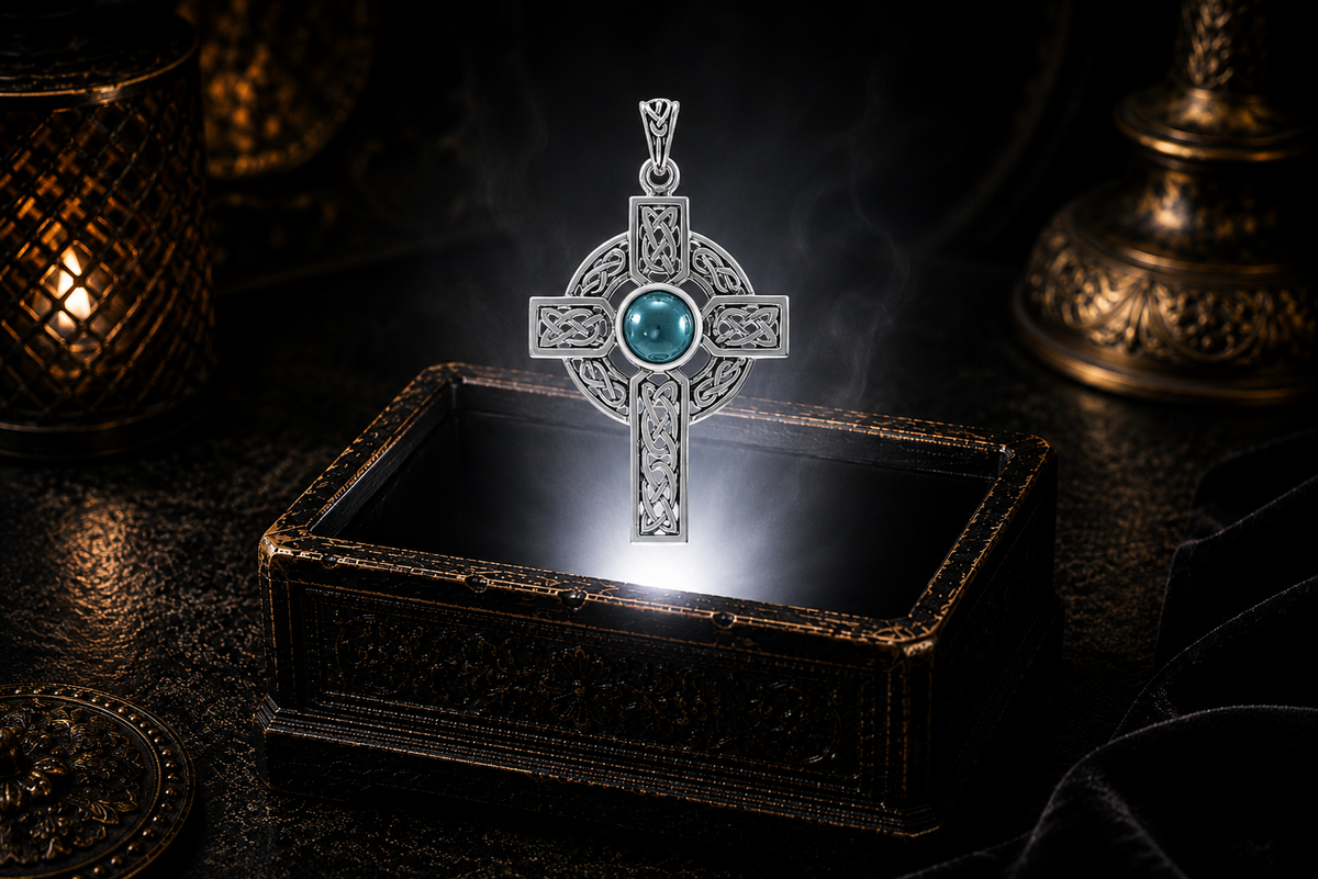 Sterling silver Celtic Cross pendant with a created turquoise gemstone floating above an ornate jewelry box in a refined dark luxury setting with warm candlelight, cinematic lighting, and a mystical atmosphere.