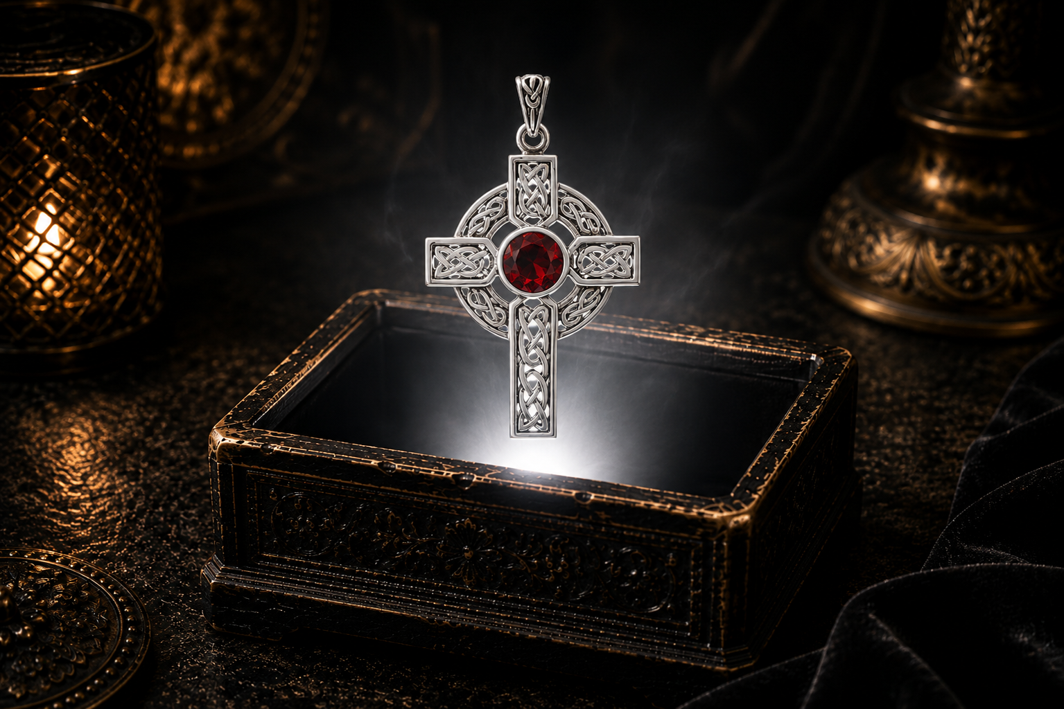 Sterling silver Celtic Cross pendant with a created malachite gemstone floating above an ornate jewelry box in a refined dark luxury setting with warm candlelight, cinematic lighting, and a mystical atmosphere.