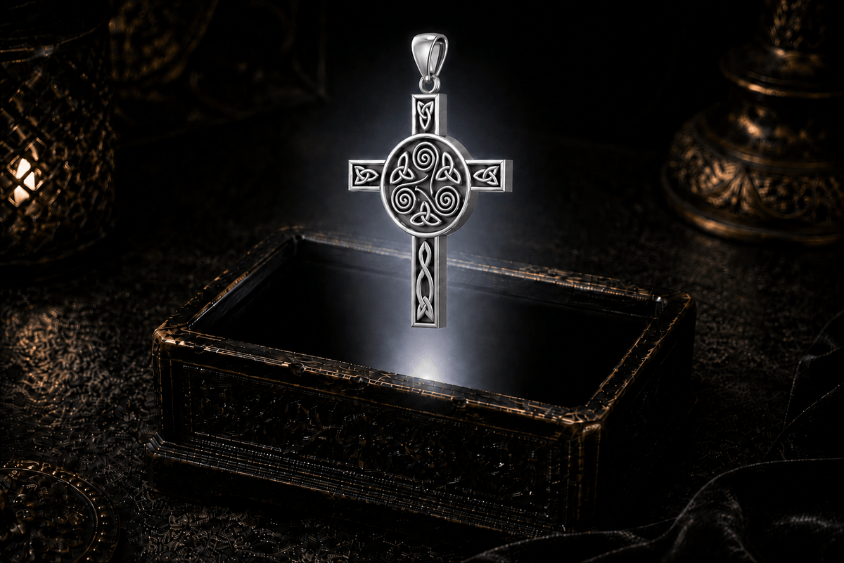 Sterling silver Celtic cross pendant with a central triskele and triangular knotwork hovering above an antique jewelry box. Angled view