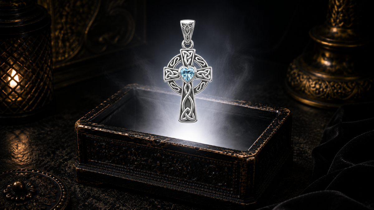 White gold Celtic Cross pendant with a heart-shaped blue topaz gemstone floating above an ornate jewelry box in a refined dark luxury setting with warm candlelight, cinematic lighting, and a mystical atmosphere.