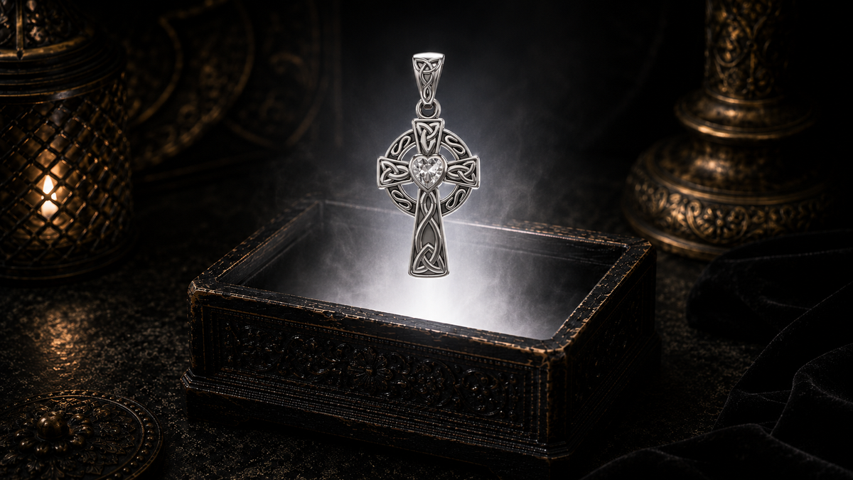 White gold Celtic Cross pendant with a heart-shaped cubic zirconia gemstone floating above an ornate jewelry box in a refined dark luxury setting with warm candlelight, cinematic lighting, and a mystical atmosphere.