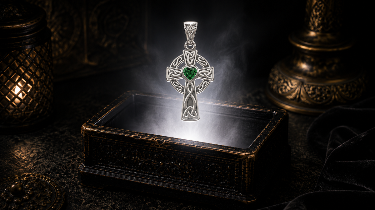 White gold Celtic Cross pendant with a heart-shaped emerald glass gemstone floating above an ornate jewelry box in a refined dark luxury setting with warm candlelight, cinematic lighting, and a mystical atmosphere.
