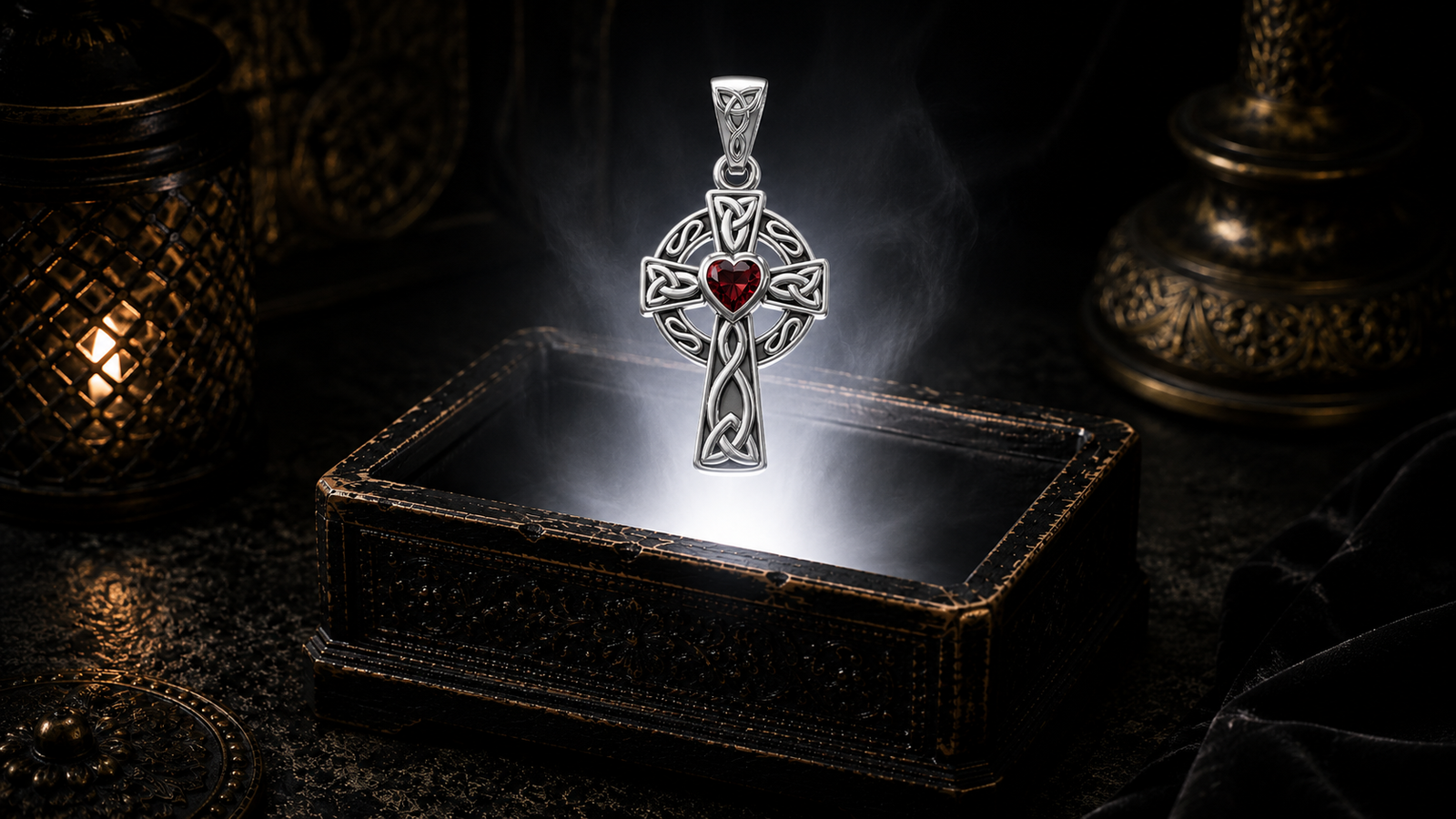 White gold Celtic Cross pendant with a heart-shaped garnet gemstone floating above an ornate jewelry box in a refined dark luxury setting with warm candlelight, cinematic lighting, and a mystical atmosphere.