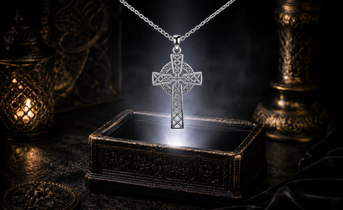 Sterling silver Celtic cross pendant necklace with openwork knotwork floating above an ornate jewelry box in a dark luxury setting with mystical glowing light.