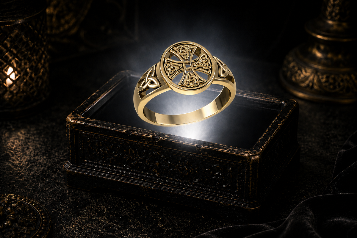 Solid yellow gold Celtic Cross Triquetra ring with intricate Celtic knotwork displayed on a dark cinematic luxury jewelry background