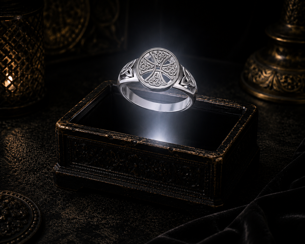 Sterling silver Celtic Cross Triquetra ring with intricate Celtic knotwork displayed on a dark cinematic luxury jewelry background