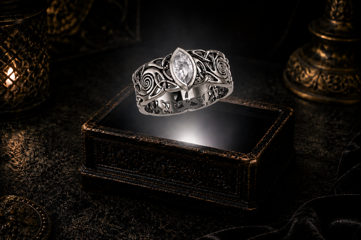 Sterling silver Celtic knot ring with cubic zirconia gemstone hovering above an antique illuminated jewelry box in a dark luxurious mystical scene