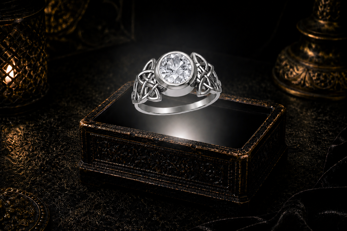 Sterling silver Celtic knot ring with cubic zirconia gemstone hovering above an antique illuminated jewelry box in a cinematic dark fantasy setting