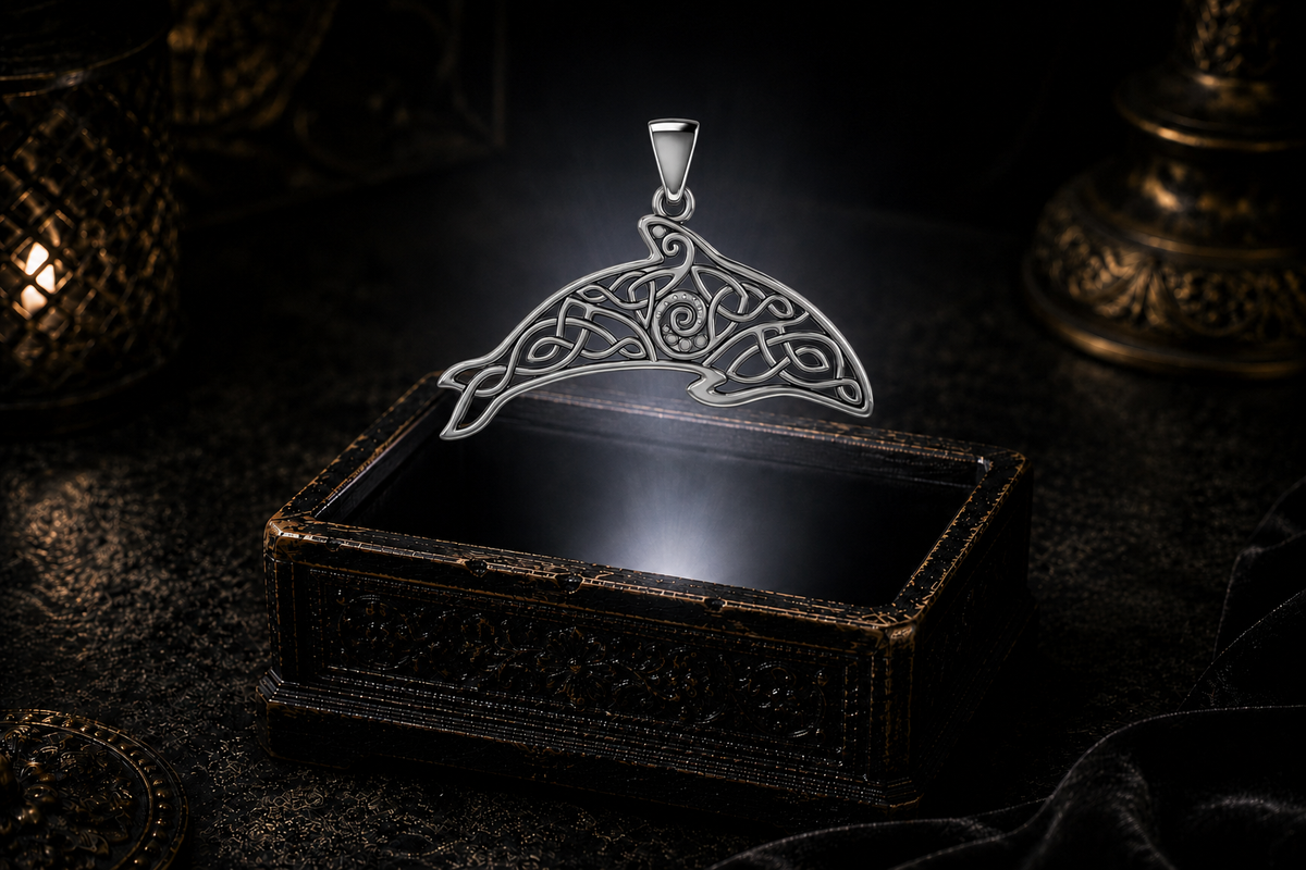White gold Celtic dolphin filigree pendant with interlaced knotwork and a raised spiral centerpiece displayed above an antique jewelry chest.