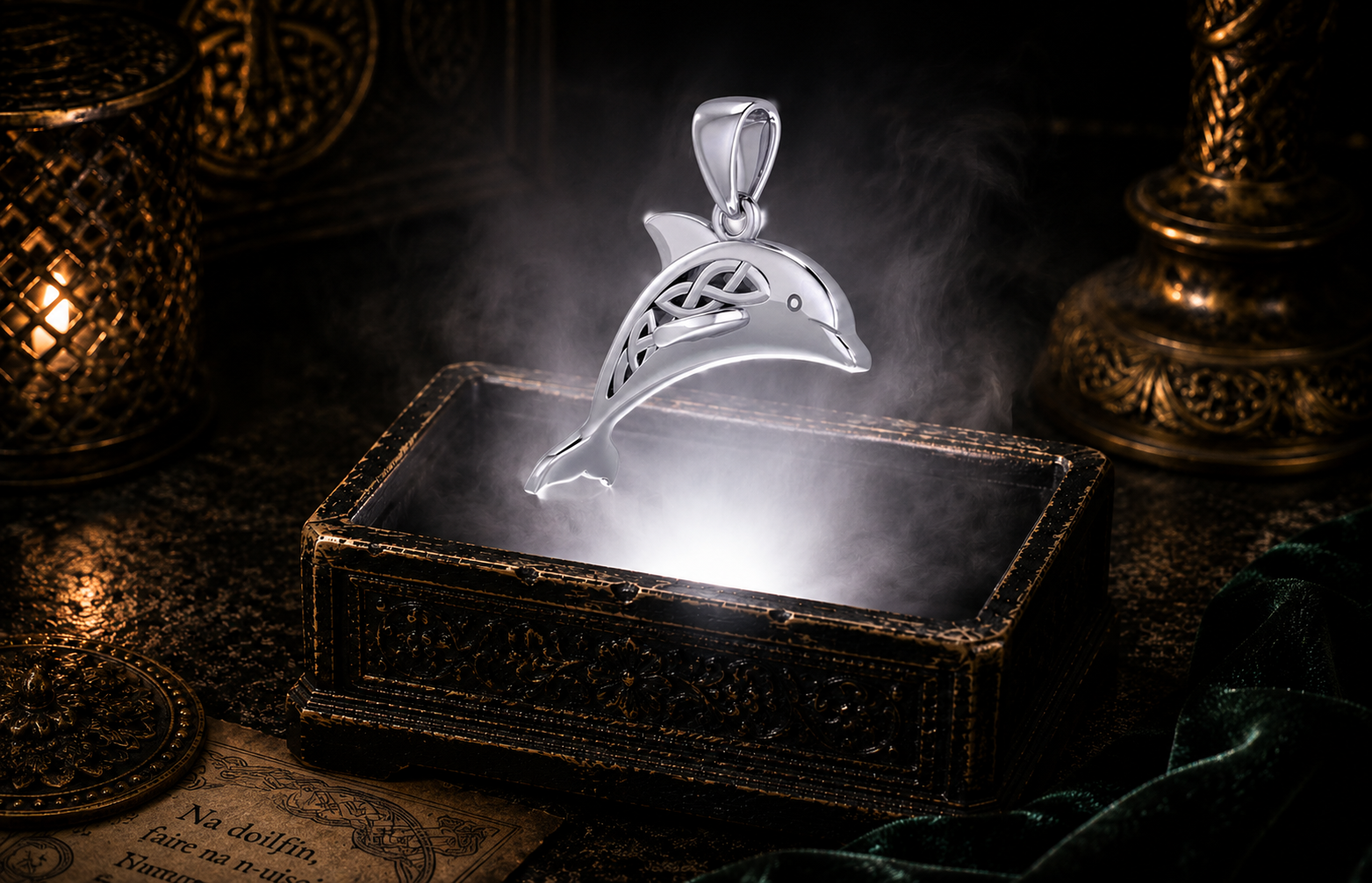 Celtic Dolphin Sterling Silver Pendant with intricate Celtic knotwork floating above an antique carved jewelry coffer, illuminated by a radiant white light and surrounded by soft mist, symbolizing protection, guidance, safe passage, and spiritual renewal.