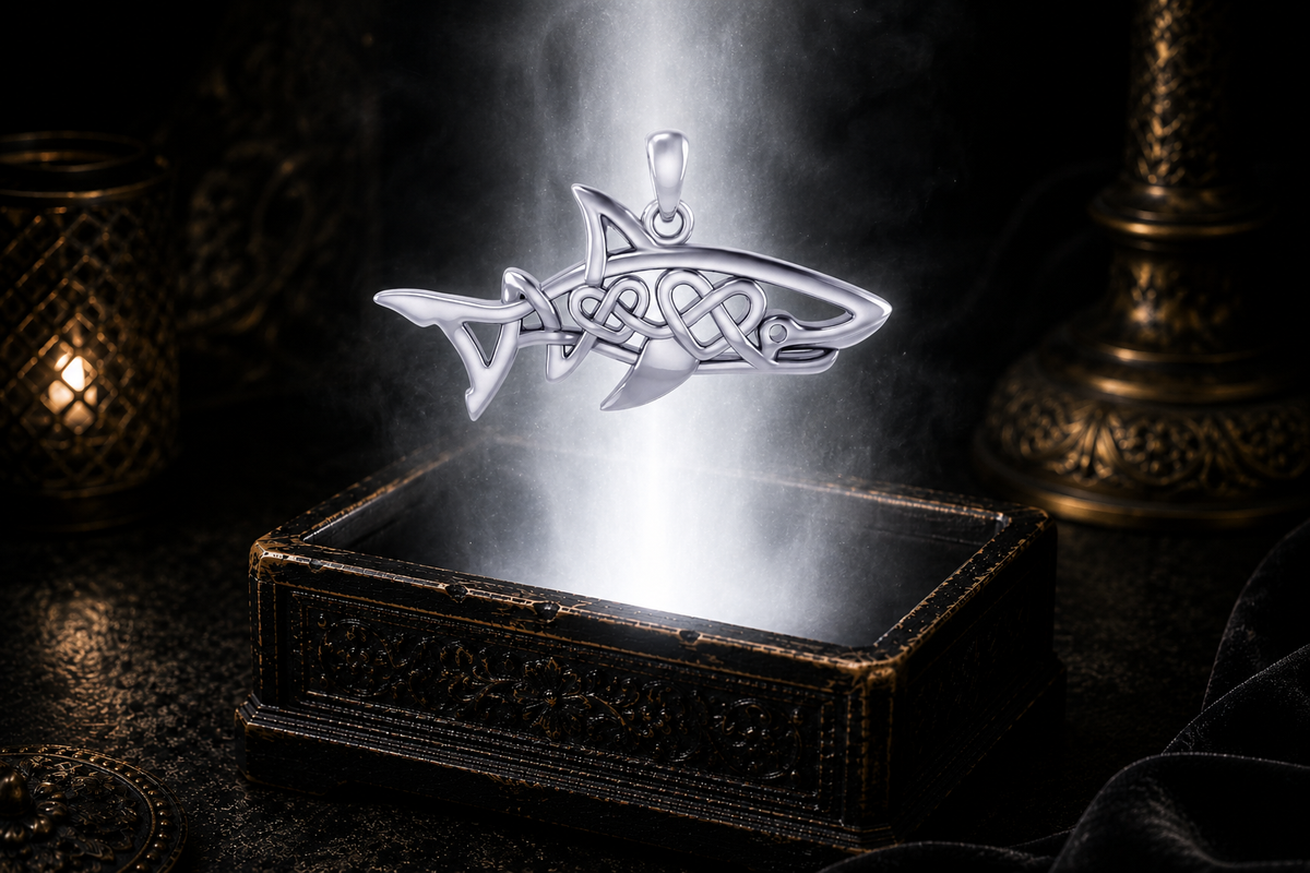Sterling silver Celtic double heart shark pendant floating above an ornate jewelry box surrounded by soft glowing light in a dark luxury setting, featuring interwoven Celtic knotwork and a sleek shark silhouette.