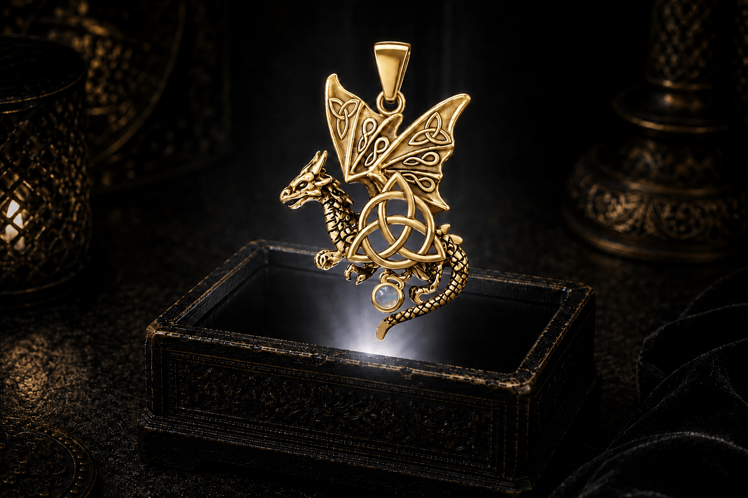 14K yellow gold Celtic dragon pendant with open knotwork wings, central Triquetra, curling scaled tail, and round gemstone drop hovering above an ornate jewelry box.