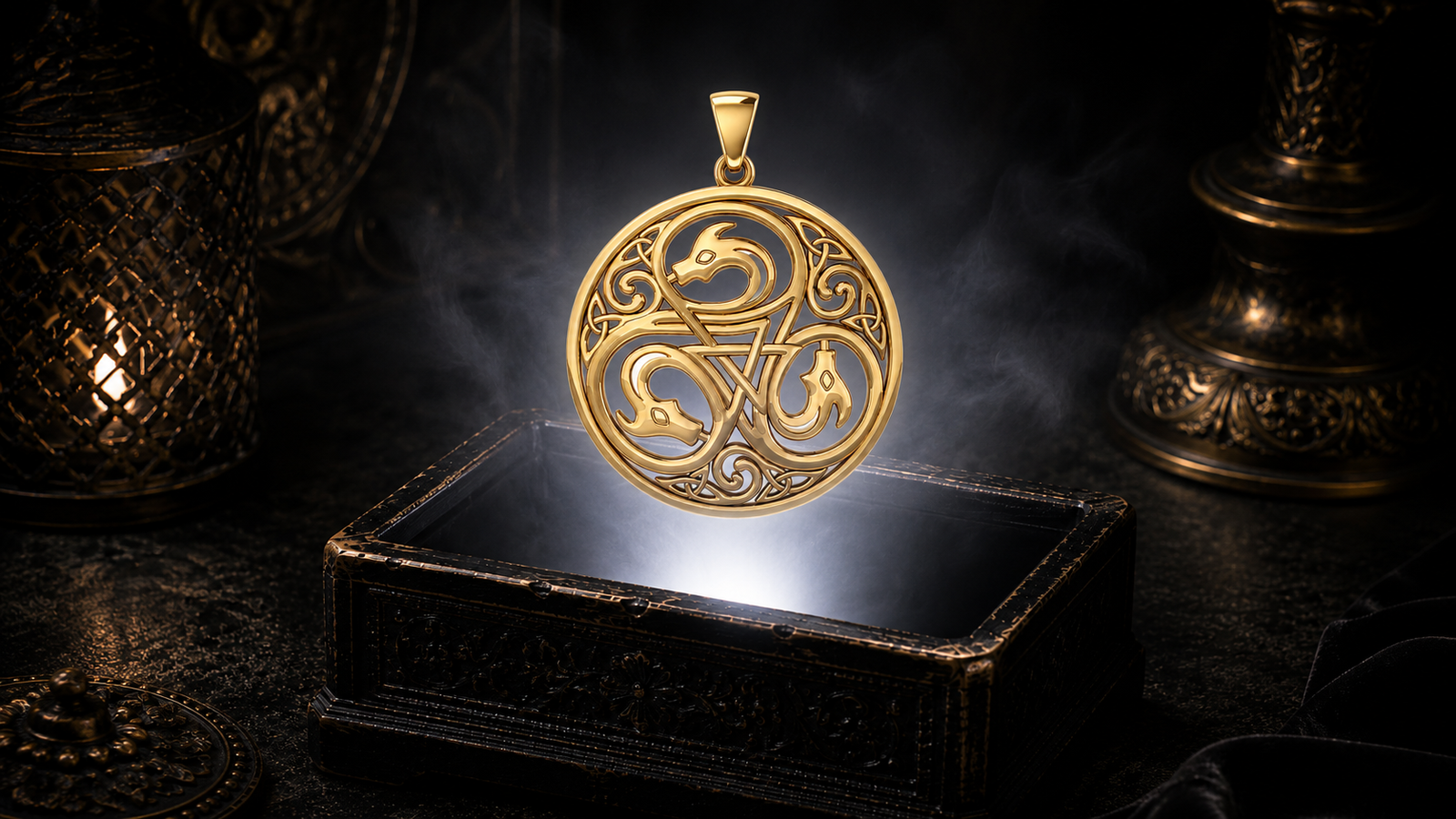 Solid yellow gold Celtic dragon triskele disc pendant floating above an ornate black jewelry box with swirling mist, soft white glow, candlelit accents, and a dark luxurious mythic setting.