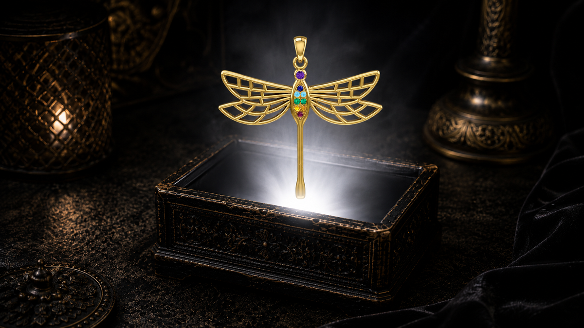 14K gold Celtic dragonfly chakra pendant with multicolored chakra gemstones floating above an ornate dark jewelry box surrounded by luminous white light and drifting mist in a cinematic luxury setting.