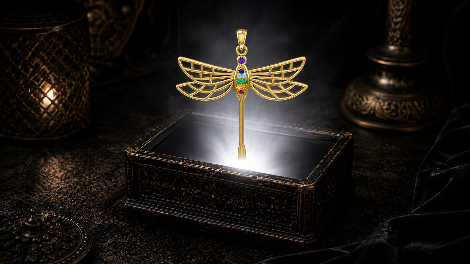 14K gold Celtic dragonfly chakra pendant with multicolored chakra gemstones floating above an ornate dark jewelry box surrounded by luminous white light and drifting mist in a cinematic luxury setting.