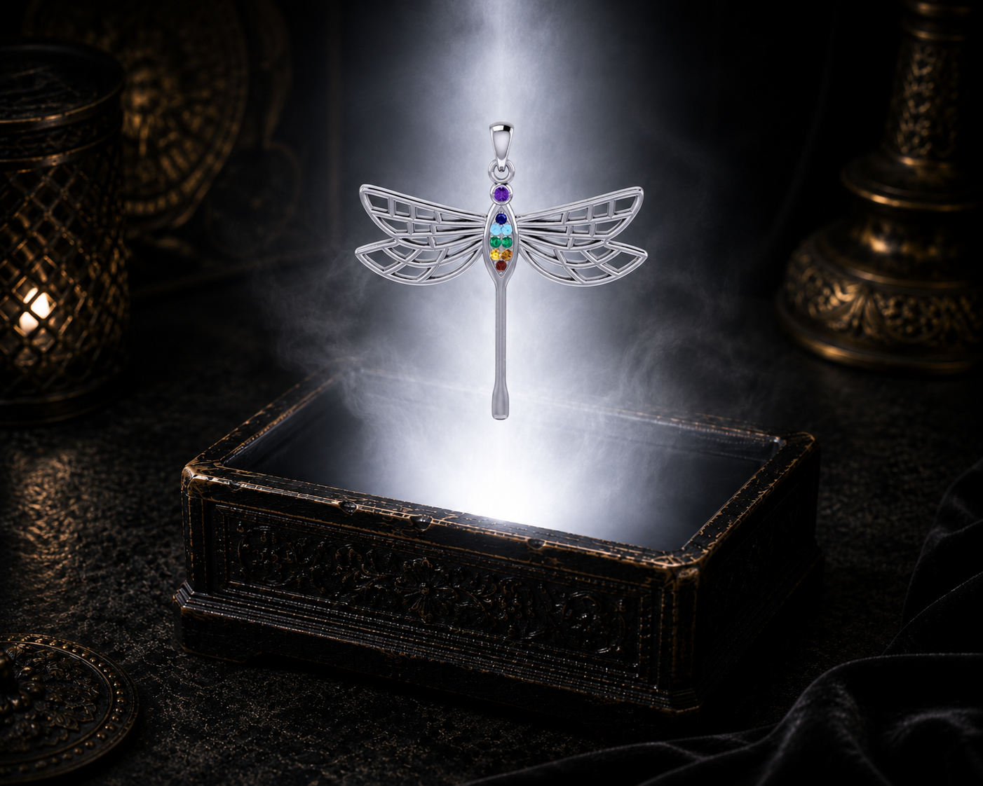 14K white gold Celtic dragonfly chakra pendant with multicolored chakra gemstones floating above an ornate dark jewelry box surrounded by luminous white light and drifting mist in a cinematic luxury setting.