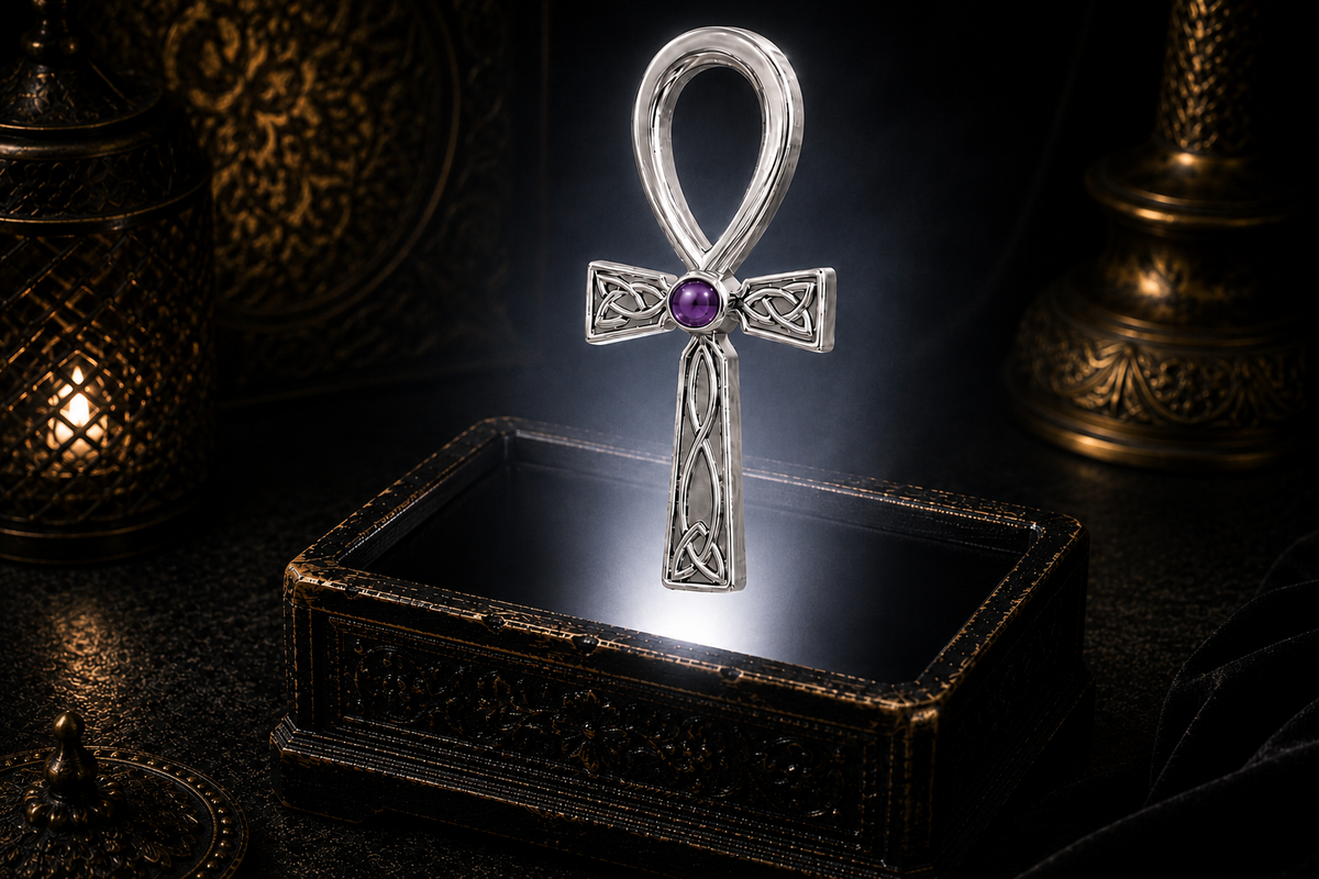 Celtic Egyptian Fusion Ankh sterling silver pendant with amethyst gemstone floating above an ornate black jewelry box illuminated by soft white light in a dark luxury setting with ancient mystical elegance and cinematic atmosphere.