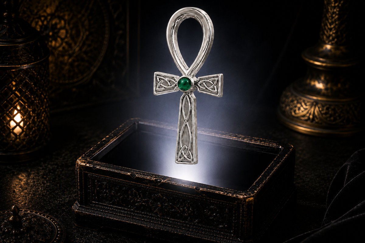 Celtic Egyptian Fusion Ankh sterling silver pendant with emerald green gemstone floating above an ornate black jewelry box illuminated by soft white light in a dark luxury setting with ancient mystical elegance and cinematic atmosphere.