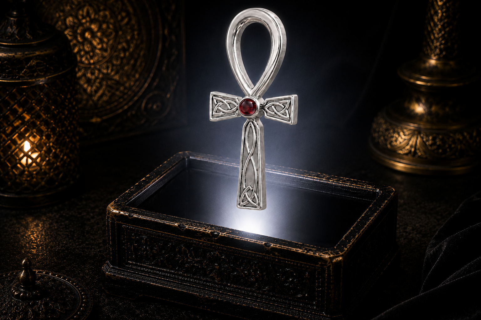 Celtic Egyptian Fusion Ankh sterling silver pendant with garnet gemstone floating above an ornate black jewelry box illuminated by soft white light in a dark luxury setting with ancient mystical elegance and cinematic atmosphere.