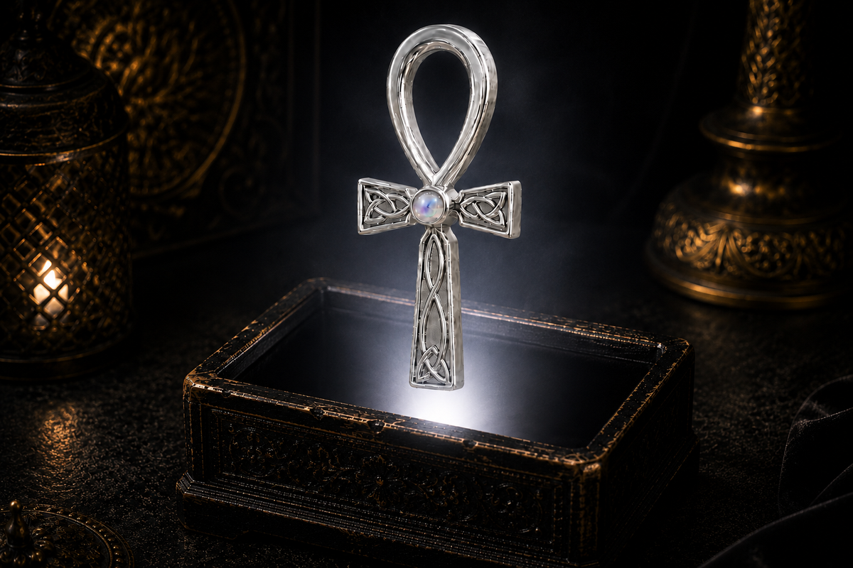 Celtic Egyptian Fusion Ankh sterling silver pendant with rainbow moonstone gemstone floating above an ornate black jewelry box illuminated by soft white light in a dark luxury setting with ancient mystical elegance and cinematic atmosphere.