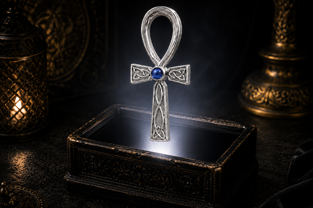 Celtic Egyptian Fusion Ankh sterling silver pendant with sapphire gemstone floating above an ornate black jewelry box illuminated by soft white light in a dark luxury setting with ancient mystical elegance and cinematic atmosphere.