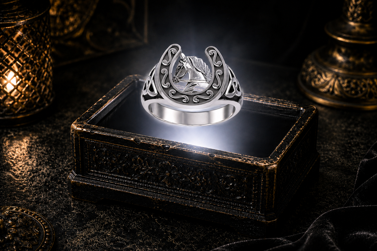 Celtic equestrian horseshoe sterling silver ring with horse head design hovering above an illuminated antique black jewelry box surrounded by candlelight and dark gothic decor