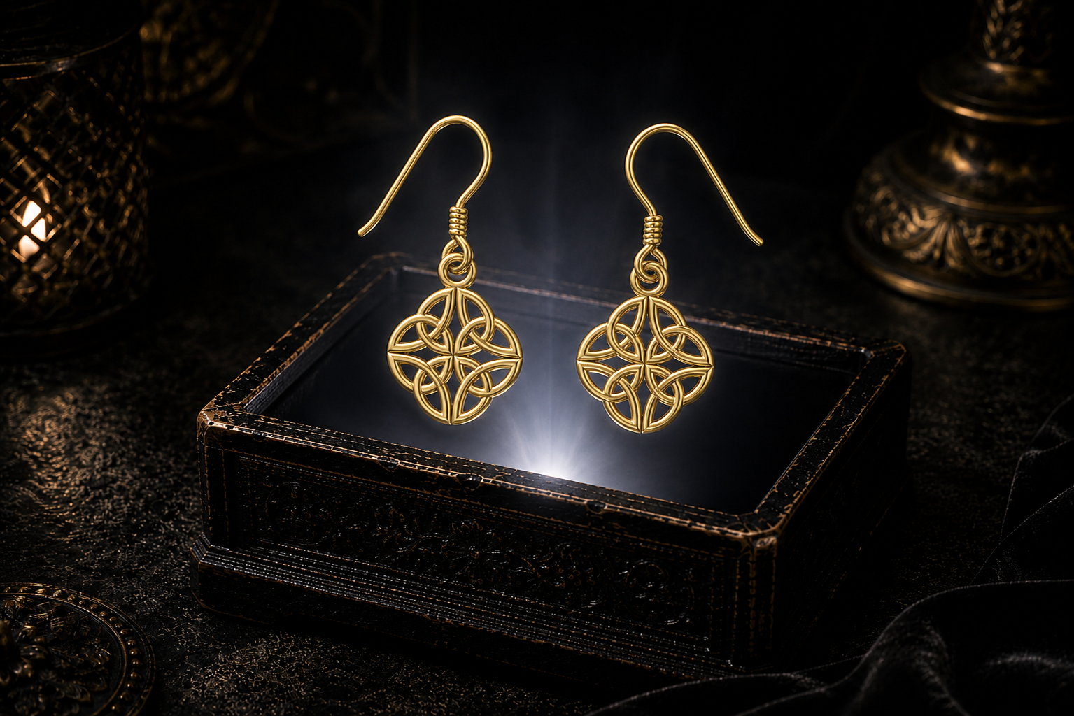 14K solid gold Celtic Eternal Knot earrings floating above a glowing ornate jewelry box in a dark luxurious mystical setting with cinematic lighting