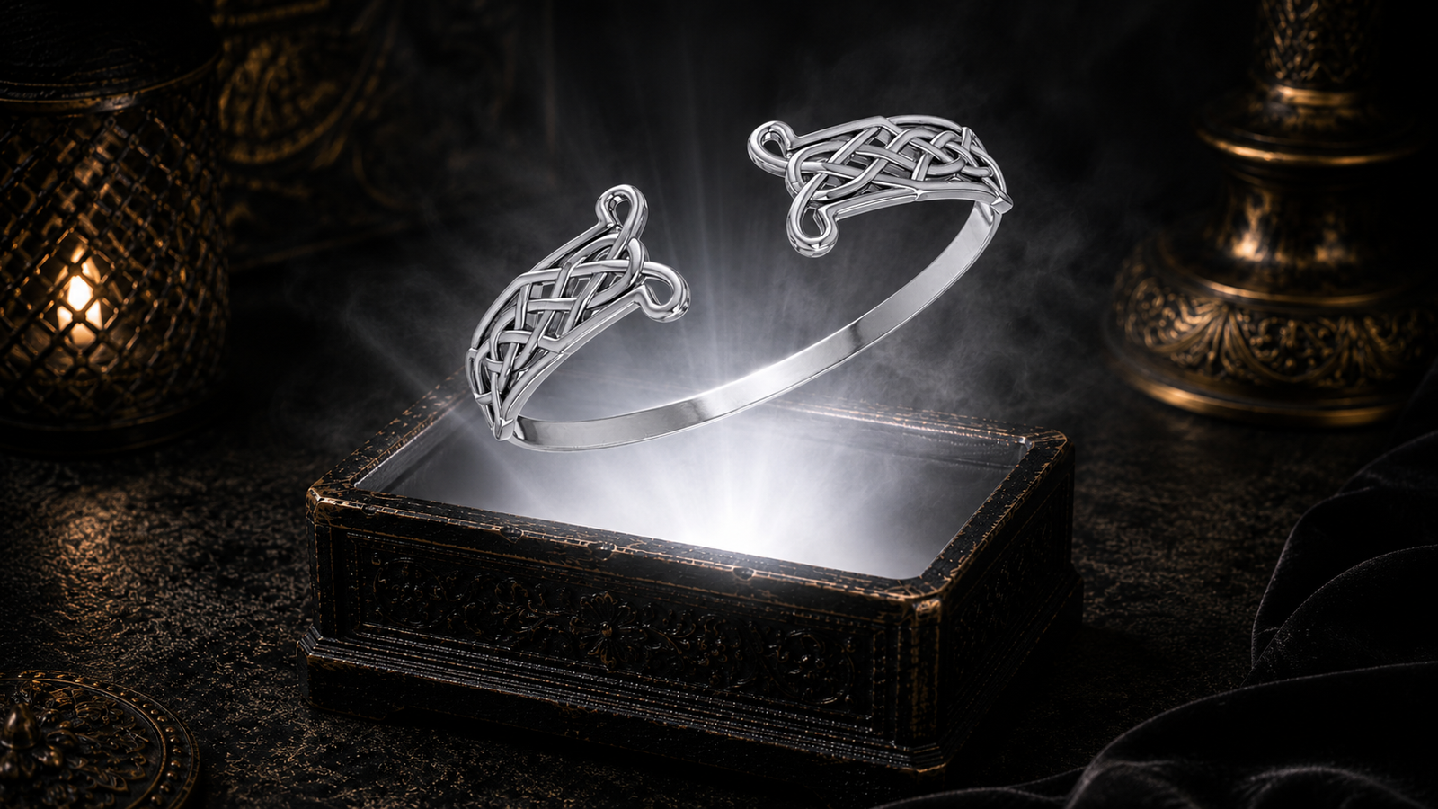 Sterling silver Celtic eternal knot open cuff bracelet floating above an ornate jewelry box illuminated by soft white light in a dark luxury setting with refined Celtic elegance and cinematic atmosphere.