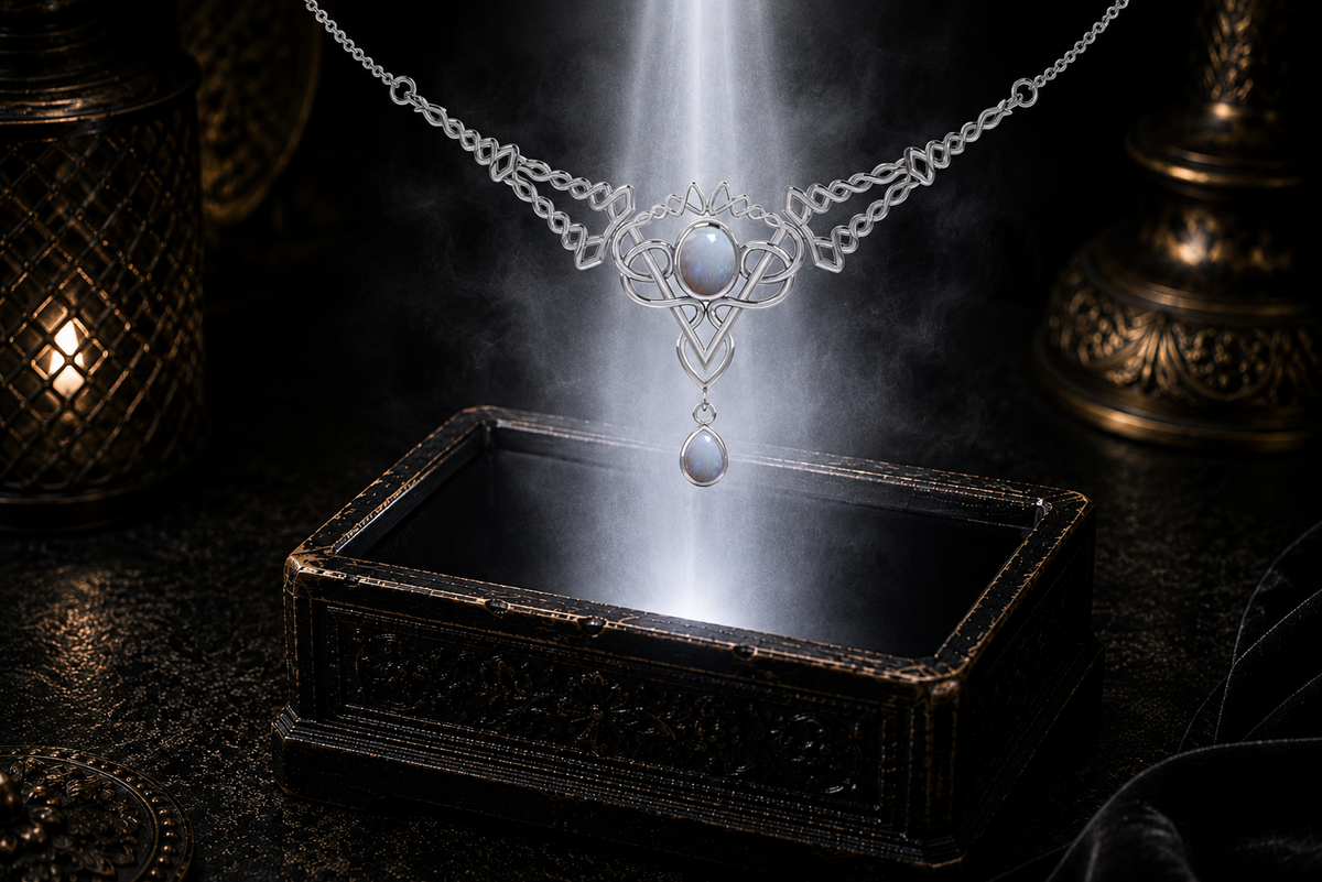 Sterling silver Celtic filigree twist necklace with opal gemstones illuminated above a luminous jewelry chest within a mystical dark luxury scene accented by soft reflections.
