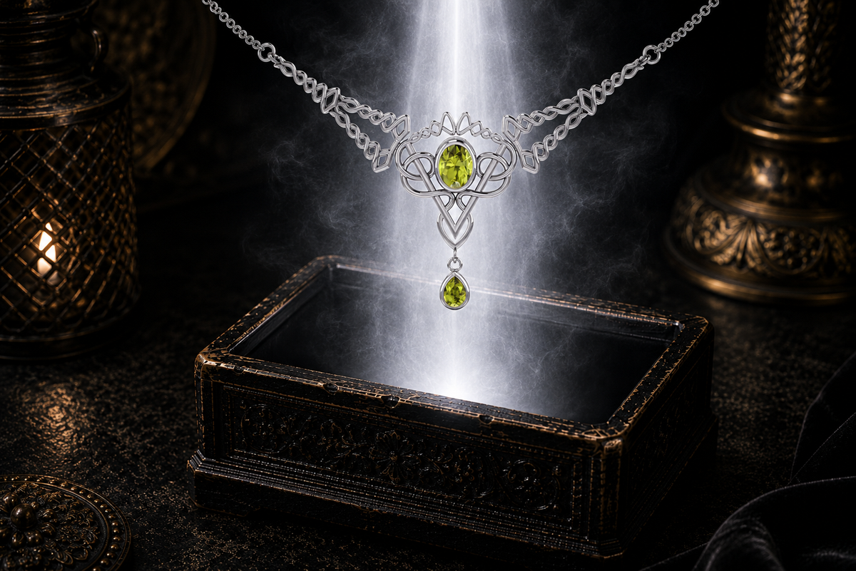 Sterling silver Celtic filigree twist necklace with peridot gemstones suspended above an ornate jewelry box against a dark luxury backdrop with soft radiant illumination.