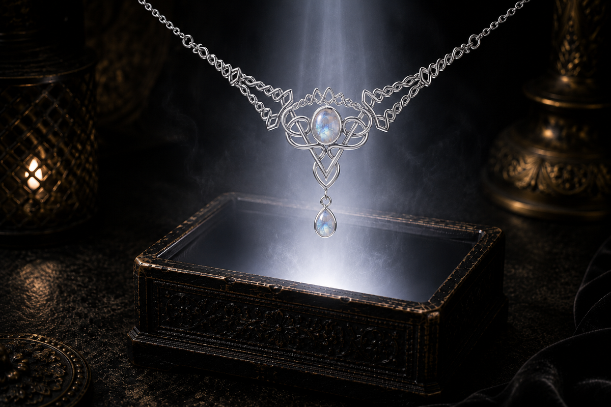 Sterling silver Celtic filigree twist necklace with rainbow moonstone gemstones floating above an ornate jewelry box surrounded by ethereal glow in a cinematic luxury setting.v