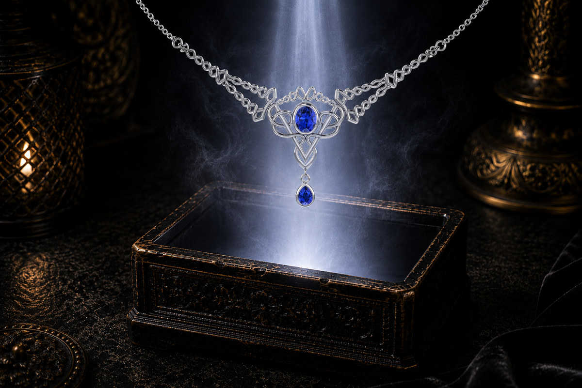 Sterling silver Celtic filigree twist necklace with sapphire gemstones floating above an ornate jewelry box beneath dramatic beams of light in an elegant dark luxury environment.