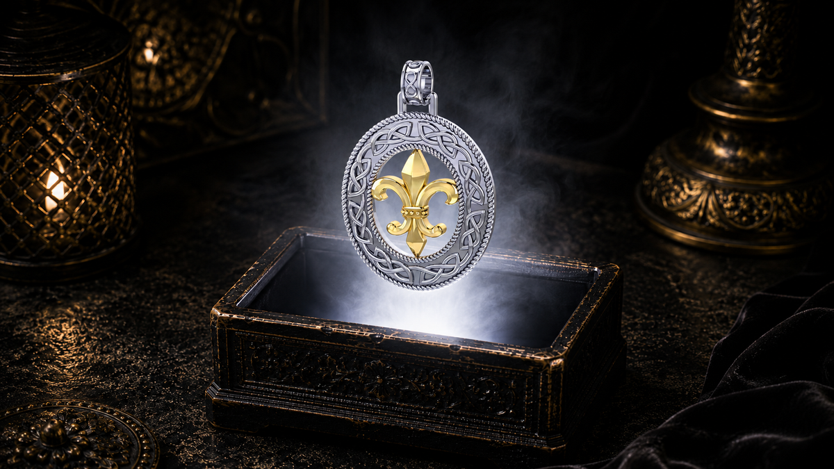 Sterling silver Celtic Fleur De Lis pendant with 14K gold accents floating above an ornate jewelry box illuminated by soft white light in a dark luxury Celtic-inspired setting.