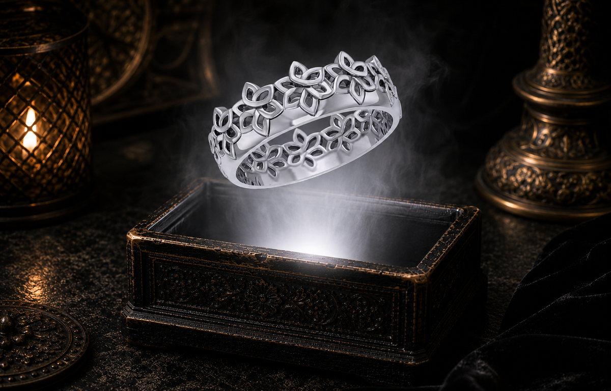 Sterling silver Celtic flower knot band ring floating above an ornate jewelry box in a dark luxury setting with warm candlelight, cinematic lighting, and a mystical atmosphere.