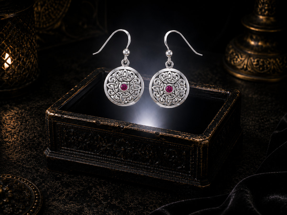 Sterling silver Celtic flower earrings with ruby gemstones floating above a glowing ornate jewelry box in a dark luxury setting