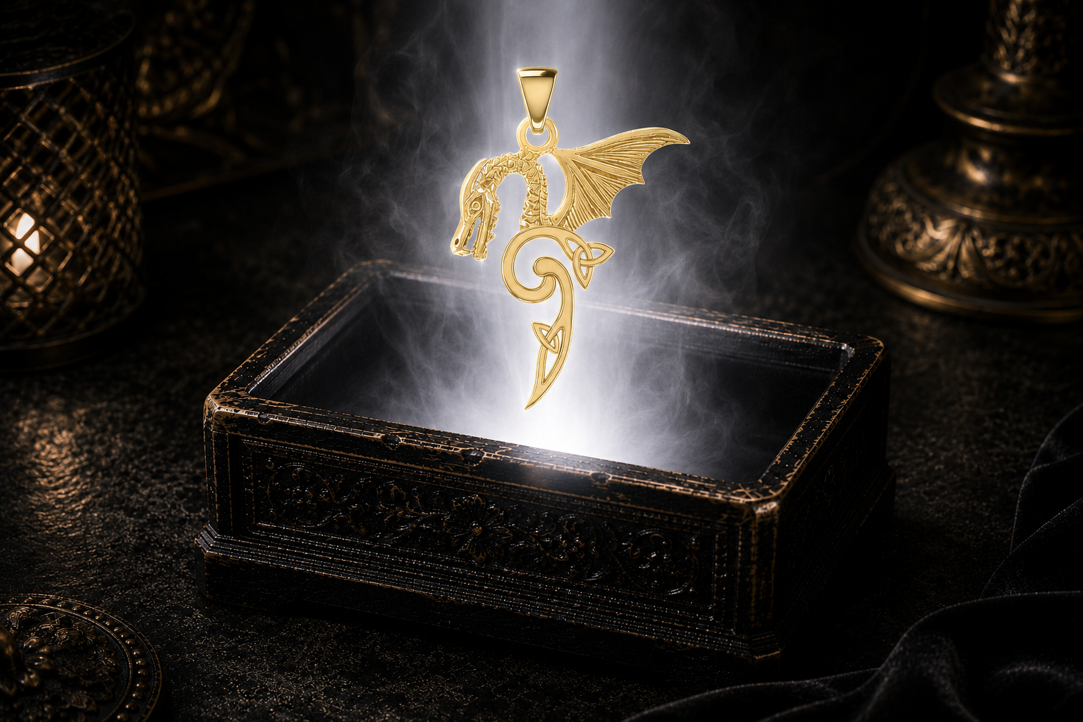 Polished 14K gold Celtic dragon pendant with sweeping wing and spiral Trinity Knot tail displayed above a luminous jewelry chest in a cinematic mythic luxury environment.