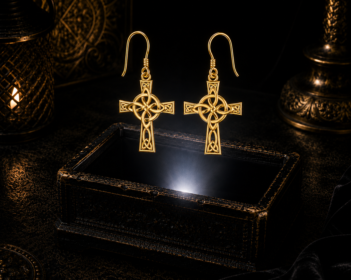 14K solid gold Celtic Four Elements Cross earrings floating above a glowing ornate jewelry box in a dark luxurious mystical setting with cinematic lighting