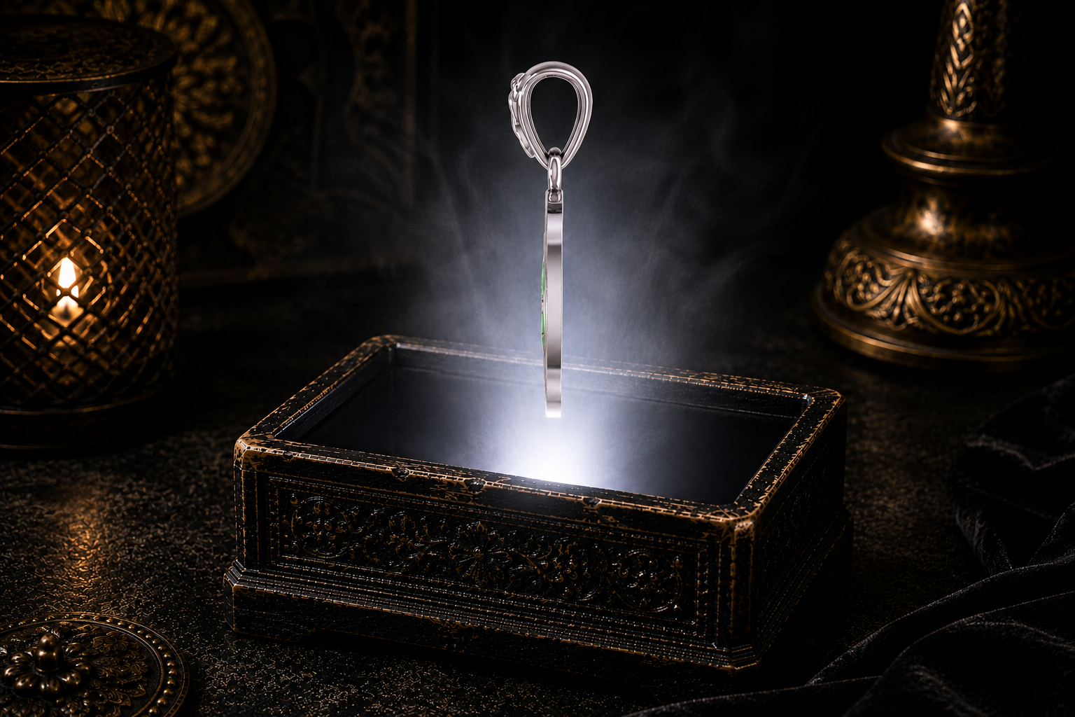 Sterling silver Celtic Four Leaf Clover pendant featuring four green heart-shaped leaves within an endless Celtic knot medallion and a Trinity Knot bail, displayed above a luxury antique jewelry box illuminated by a glowing white light.