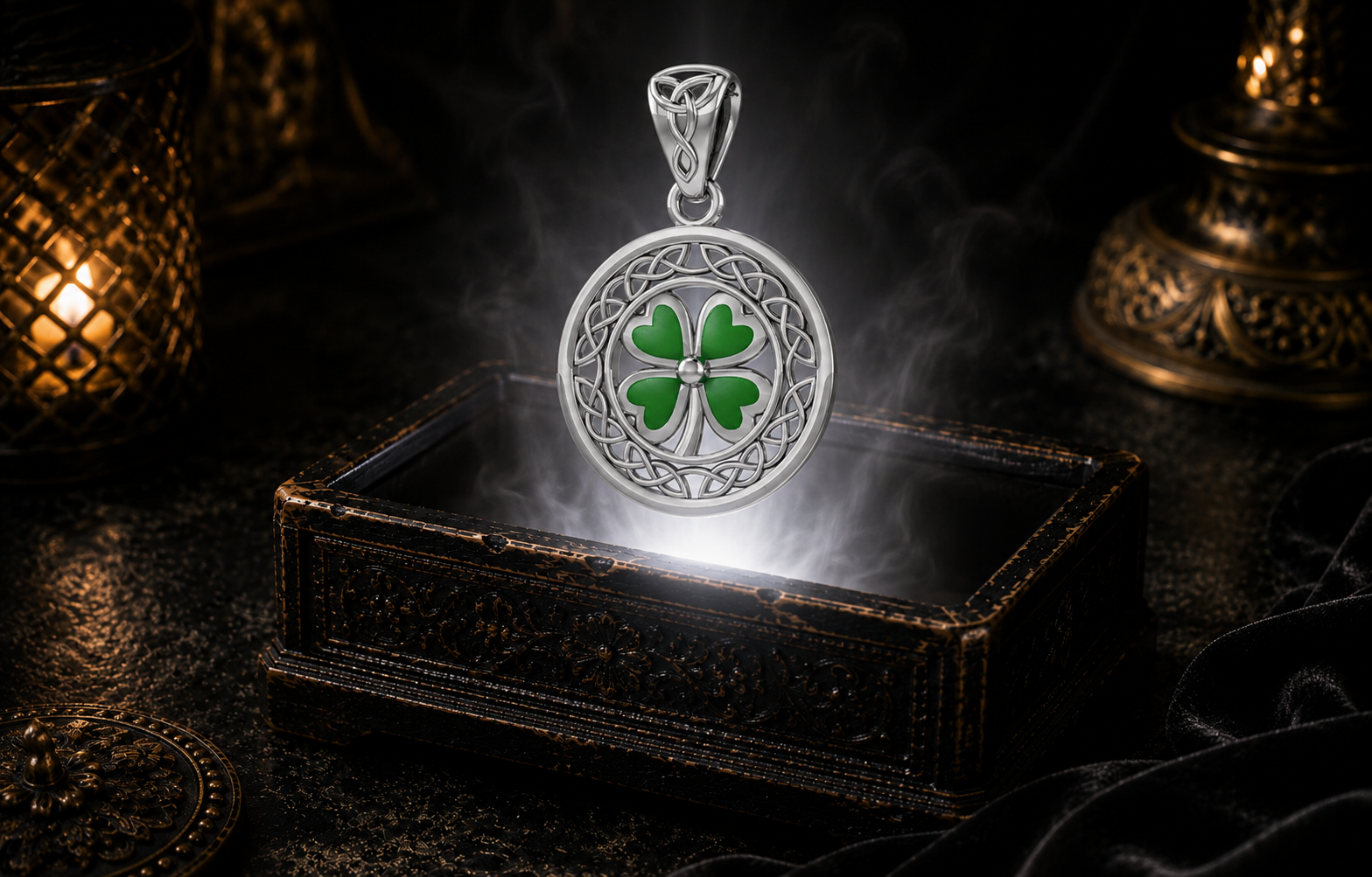 Sterling silver Celtic Four Leaf Clover pendant featuring four green heart-shaped leaves within an endless Celtic knot medallion and a Trinity Knot bail, displayed above a luxury antique jewelry box illuminated by a glowing white light.