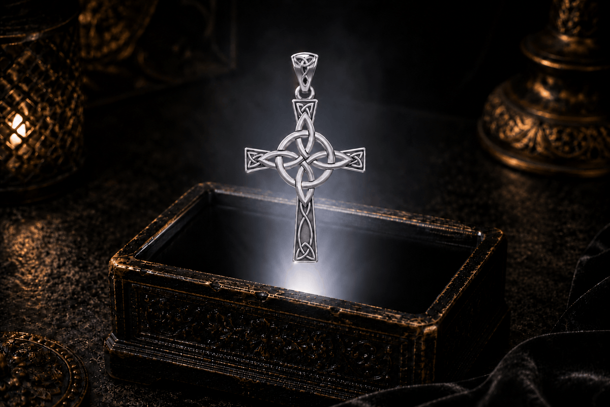 Sterling silver Celtic cross pendant with a circular halo, four-point knotwork, and oxidized recessed panels