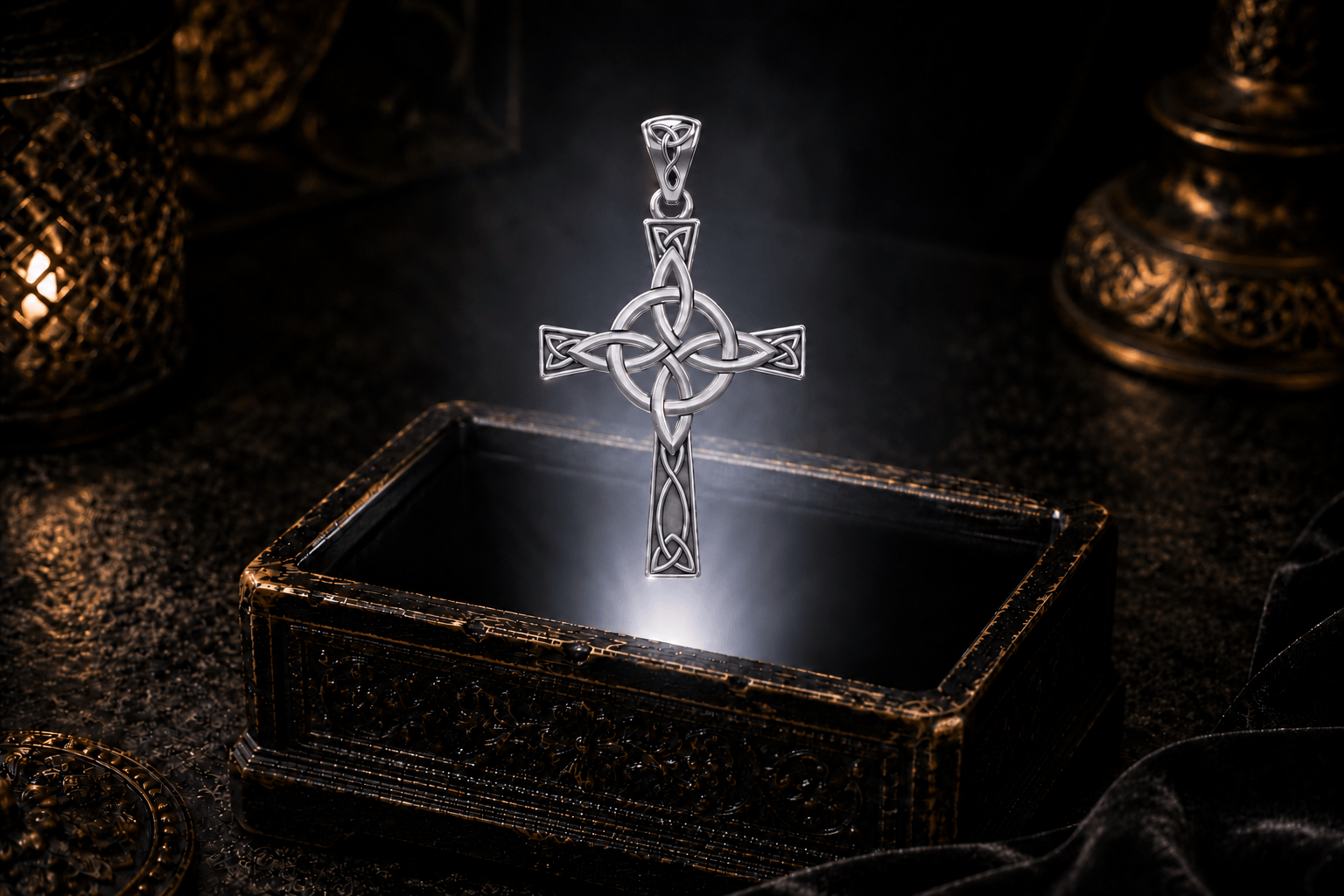 Sterling silver four-point knot Celtic cross pendant necklace suspended above an antique jewelry box