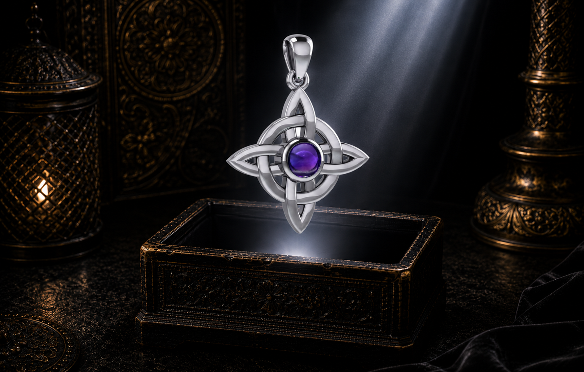 Sterling silver Celtic Four Point Knot Wheel pendant with amethyst gemstone floating above an ornate jewelry box illuminated by radiant light in a dark luxury setting.