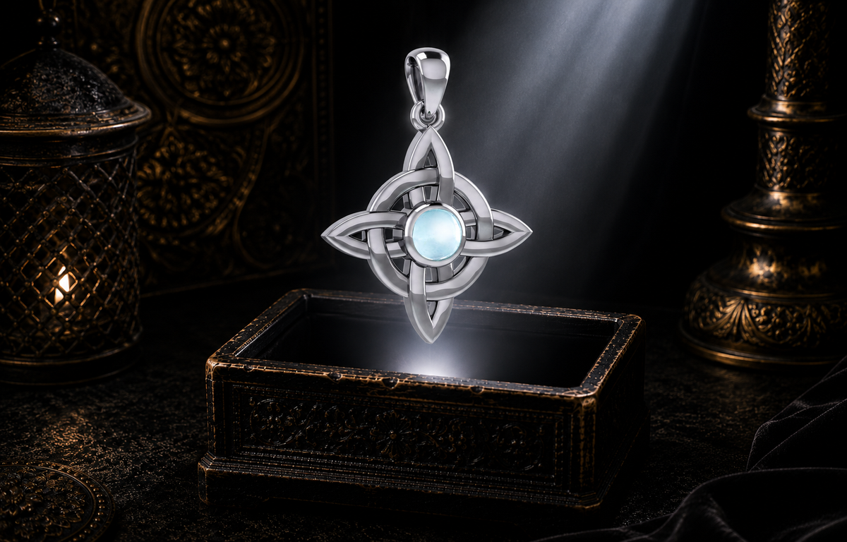Sterling silver Celtic Four Point Knot Wheel pendant with blue topaz gemstone displayed above an elegant jewelry chest in a cinematic mystical environment with refined luxury surroundings.