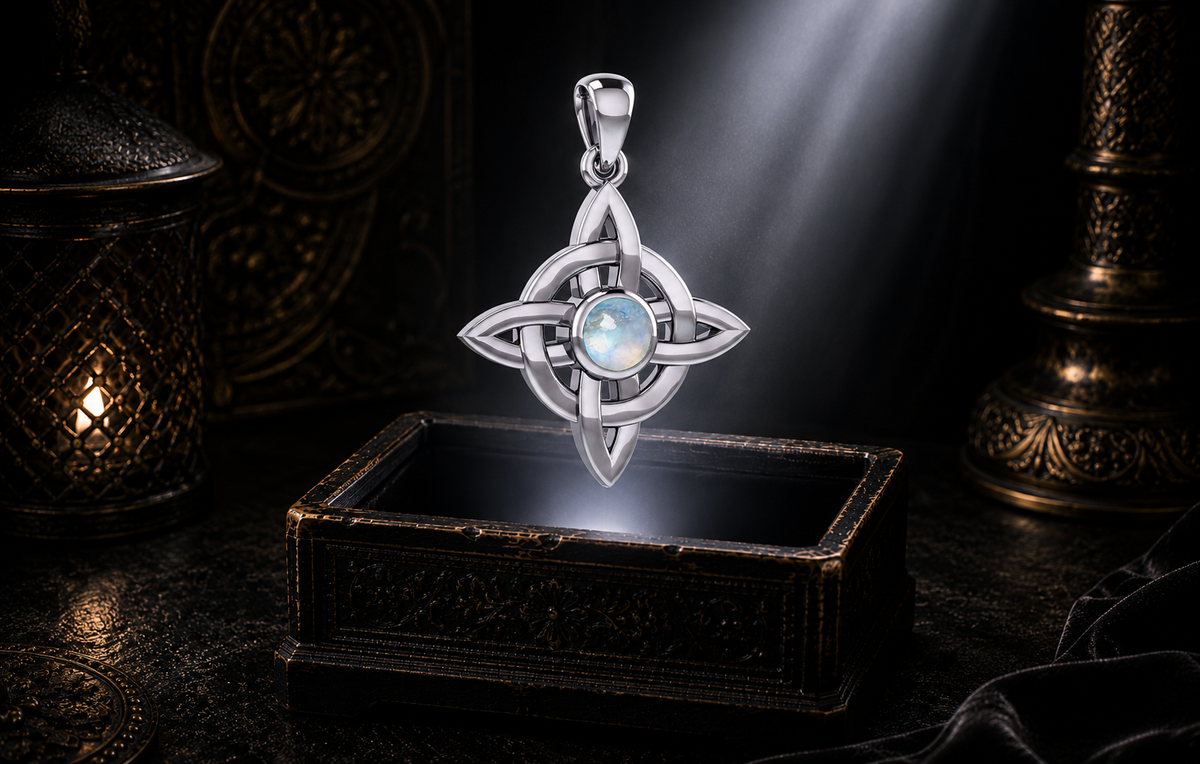 Sterling silver Celtic Four Point Knot Wheel pendant with rainbow moonstone gemstone floating above a luxury jewelry display illuminated by celestial light in a mystical cinematic atmosphere.