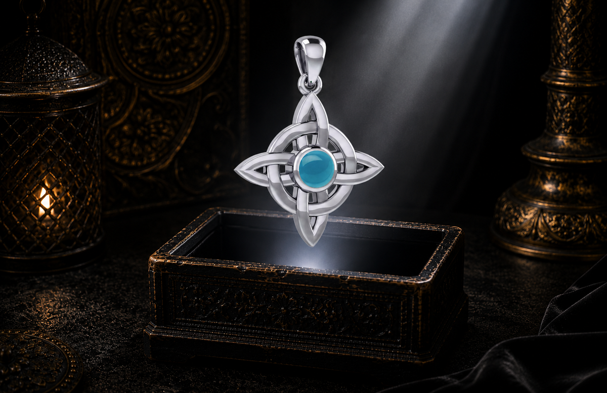 Sterling silver Celtic Four Point Knot Wheel pendant with turquoise gemstone hovering above an ornate jewelry box with luminous light beams in an elegant dark luxury environment.