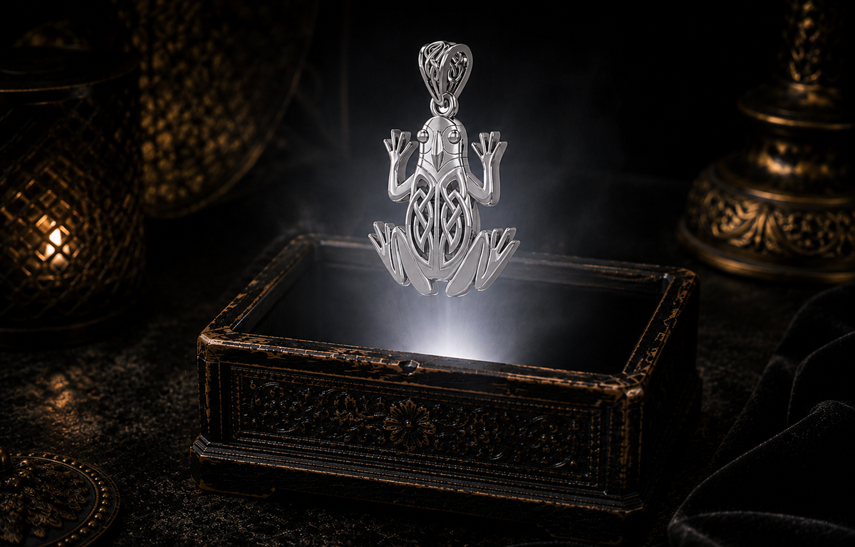 Sterling Silver Celtic Frog Pendant with intricate Celtic knotwork representing healing, sacred waters, transformation, protection, and good fortune, photographed in a cinematic luxury jewelry setting above an antique treasure box.