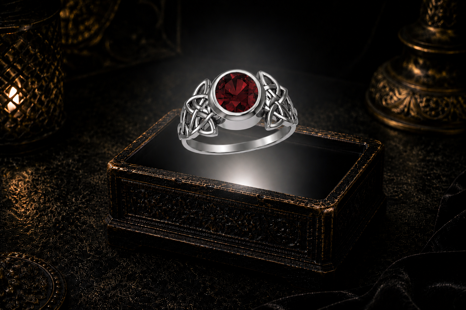 Sterling silver Celtic knot ring with deep garnet gemstone floating above a glowing antique jewelry box in a luxurious gothic-inspired setting