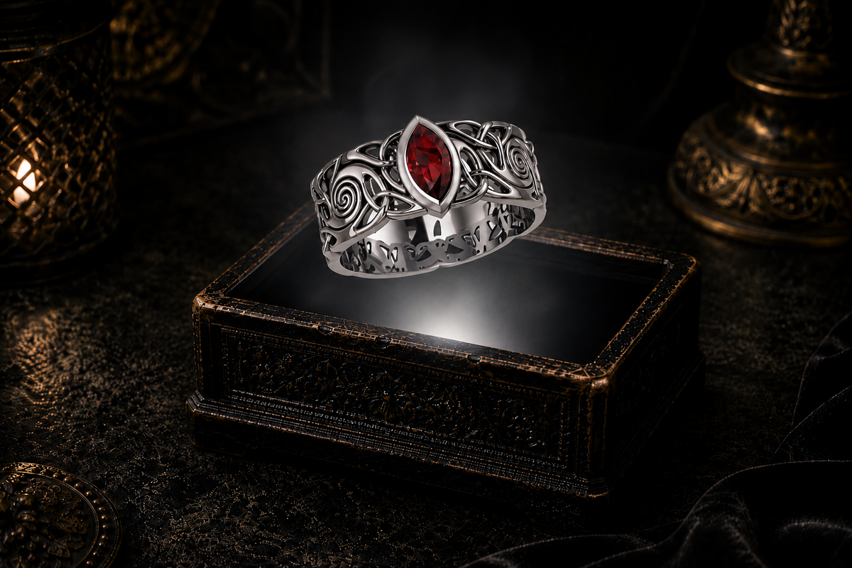 Sterling silver Celtic knot ring with garnet gemstone hovering above an illuminated antique jewelry box in a dark cinematic mystical setting