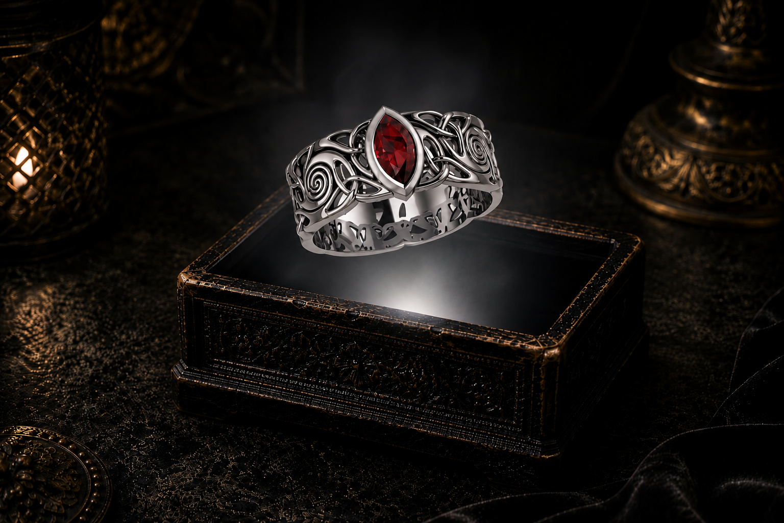 Sterling silver Celtic knot ring with amethyst gemstone floating above a glowing antique jewelry box in a dark fantasy-inspired luxury setting