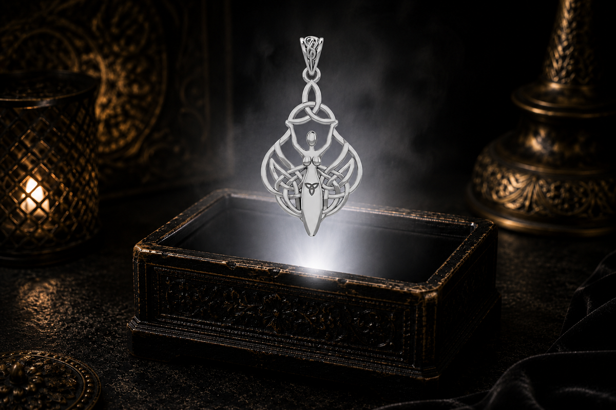 14K white gold Celtic Goddess pendant raising a Trinity Knot above her head, with a Triquetra woven into her torso and flowing Celtic knotwork, suspended above an antique black carved jewelry box illuminated by a brilliant white beam of light, surrounded by soft mist, warm candlelight, and a cinematic luxury atmosphere.
